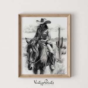 Vintage Cowgirl Sketch Art Print: Western Farmhouse Decor (Digital Download) 566