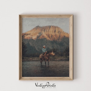 Pintura de vaquero occidental / Arte mural vintage / Decoración de mediados de siglo / Pintura al óleo antigua / Impresión melancólica / Descarga digital imprimible / 122