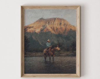 Western Cowboy Painting | Vintage Wall Art | Mid Century Decor | Antique Oil Painting | Moody Print | PRINTABLE Digital Download | 122