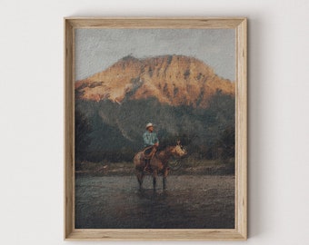 Western Cowboy Painting | Vintage Wall Art | Mid Century Decor | Antique Oil Painting | Moody Print | PRINTABLE Digital Download | 122