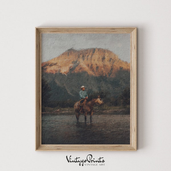 Western Cowboy Painting | Vintage Wall Art | Mid Century Decor | Antique Oil Painting | Moody Print | PRINTABLE Digital Download | 122