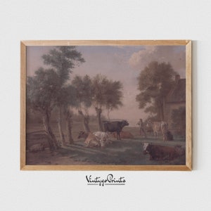 Vintage Animal Art Print | Cow Landscape | Vintage | Nature Oil Painting | Wall Art | PRINTABLE Digital Download | 226