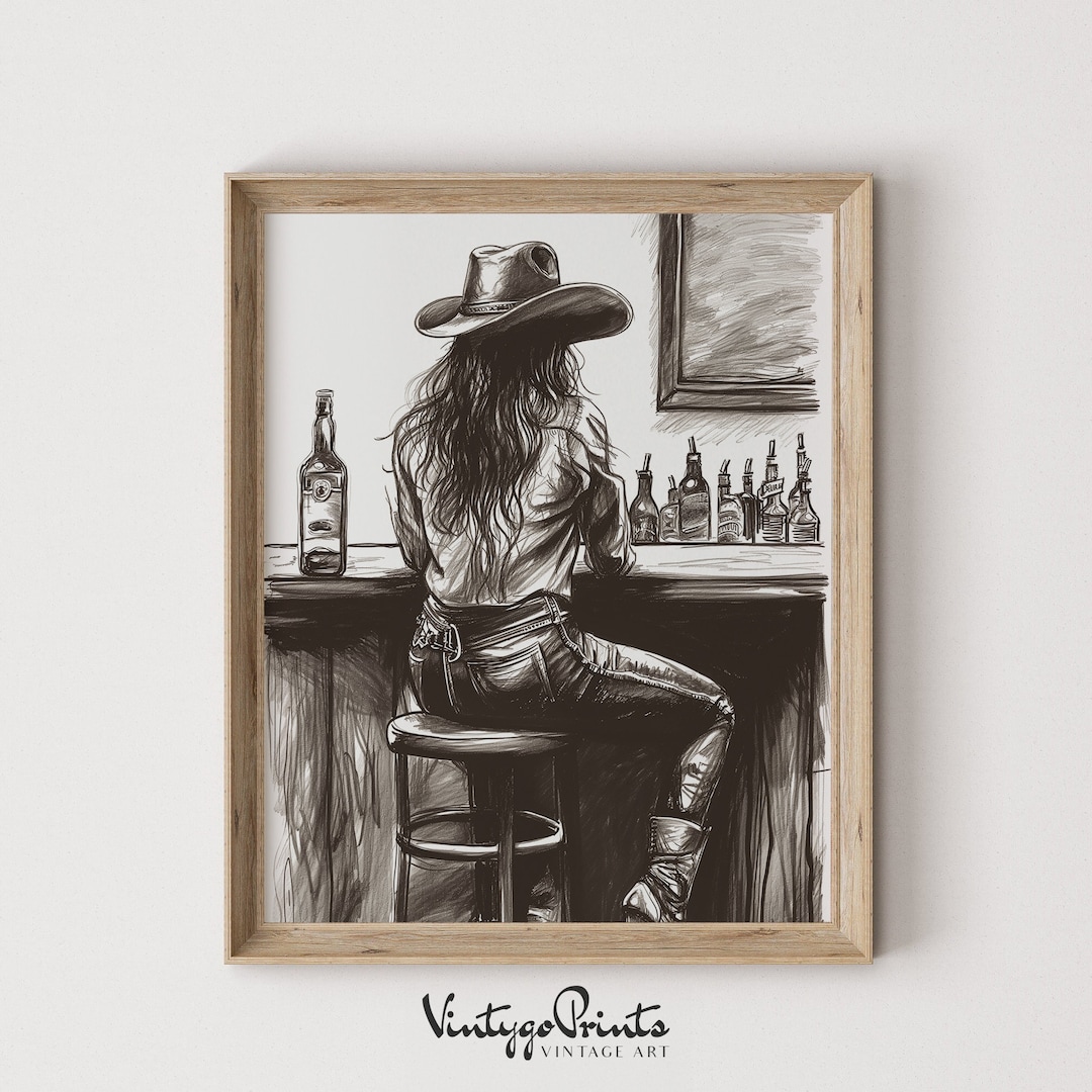 Cowgirl Portrait Sketch Drawing Old Western Small Town Saloon