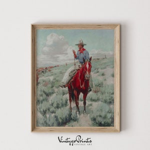 May include: A vintage painting depicting a cowboy riding a red horse across a field of green scrub. The cowboy is wearing a blue shirt, red neckerchief, and a brown hat. The sky is blue with white clouds.