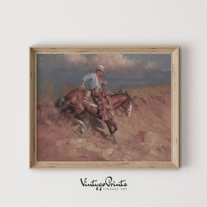 May include: A painting depicting a cowboy riding a brown horse across a field of long grass. The cowboy is wearing a blue shirt, a white hat, and brown trousers. The sky is a light blue with some clouds.