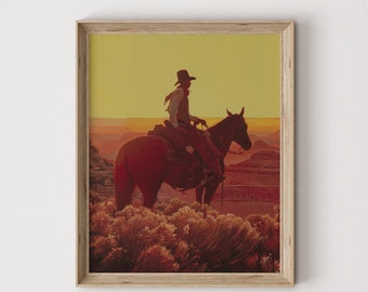 カウボーイの夕焼けの絵 馬の油絵 西洋画 南西部のアート カウボーイの