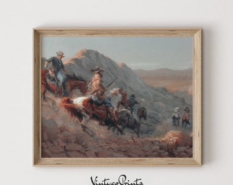 Dipinto ad olio vintage con gang di cowboy / Arte murale rustica western (download digitale) 403