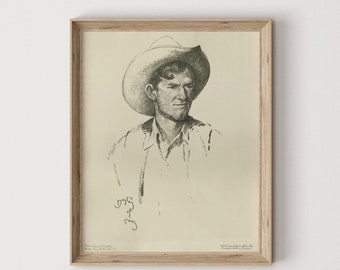 Antique Cowboy Portrait Sketch | Vintage Western Drawing Art | Old West Room Decor | Countryside Print | PRINTABLE Digital Download | 503