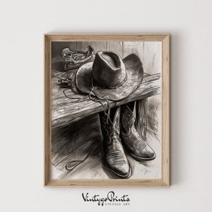 Cowboy Boots Hut Skizze Zeichnung Kunst | Old Western Cowboy Bleistift Kunst | Rustikales Raumdekor | Landschaft Poster | DRUCKBARE Digital Download | 529