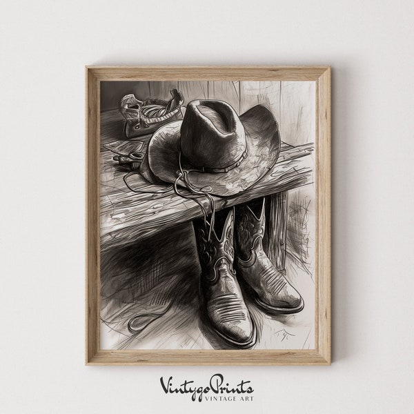 Cowboy Boots Hat Sketch Drawing Art | Old West Cowboy Pencil Art | Rustic Room Decor | Countryside Print | PRINTABLE Digital Download | 529