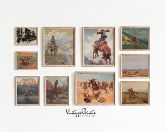 Vintage galerieset cowboyschilderijen: zuidwestelijke muurkunst (digitale download) S10-3