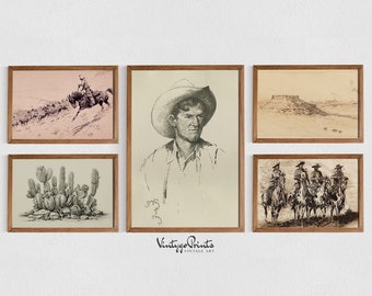 Może przedstawiać: Pięć oprawionych czarno-białych vintage westernów. Grafiki przedstawiają kowboja na koniu, portret kowboja, pustynny krajobraz, grupę kaktusów i grupę kowbojów na koniach.