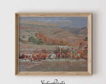 May include: A vintage painting depicting a group of cowboys driving a herd of cattle across a river. The scene is set in a mountainous landscape with a cloudy sky. The painting is framed in a wooden frame.