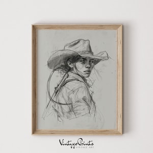 Cowgirl Sketch Art Print: Vintage Western Pencil Drawing (Digital Download) 541