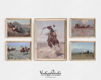 Vintage cowboy-olieverfschilderijgalerijset: zuidwestelijke muurkunst (afdrukbare digitale download) S5-10