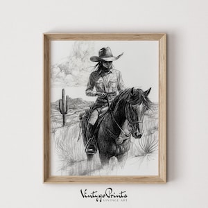 Vintage Cowgirl Horse Drawing: Western Nursery Art (Printable Digital Download) 561