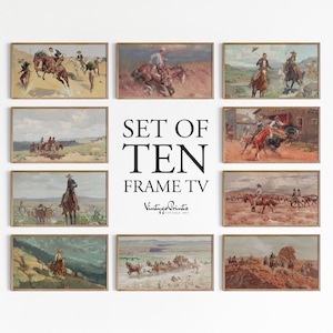 Samsung Frame TV Art Vintage Gallery Set | Set of Ten Southwestern Cowboy Oil Painting | Warm Tone Decor Digital Art | TVS-1