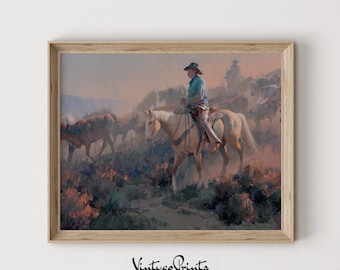 Vintage Cowboy Oil Painting: Rustic Western Farmhouse Wall Art (Digital Download) 362