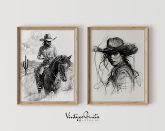 May include: Two framed black and white prints. One depicts a person on horseback in a desert landscape. The other is a portrait of a person wearing a cowboy hat. The prints are in wooden frames. The text "Vintage Prints" is at the bottom.
