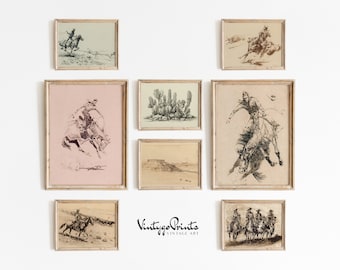 Old West Cowboys Gallery Set Sketch | Set of Eight Southwestern Wall Art | Old West Home Decor | PRINTABLE Digital Download | S8-5