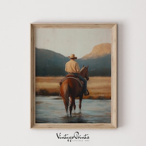 Western Cowboy Oil Painting | Vintage Creek Wall Art | Western Print | PRINTABLE Digital Download | 616