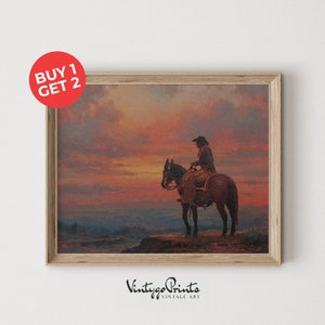 Sunset Cowboy Art | Vintage Western Oil Painting | Countryside Art | Rustic Southwest Room Decor | PRINTABLE Digital Download | 332