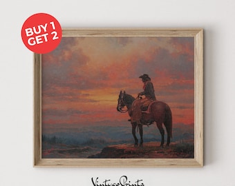 Art de cow-boy au coucher du soleil | peinture à l'huile occidentale vintage | Art de la campagne | Décor de chambre rustique du sud-ouest | Téléchargement numérique imprimable | 332