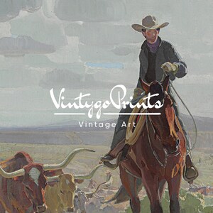 May include: A cowboy on horseback rides through a field of cattle. The cowboy is wearing a brown hat and a dark jacket. The horse is brown and has a white saddle. The cattle are brown and white. The sky is cloudy and the background is a field of green grass.