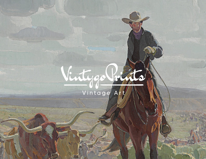 May include: A cowboy on horseback rides through a field of cattle. The cowboy is wearing a brown hat and a dark jacket. The horse is brown and has a white saddle. The cattle are brown and white. The sky is cloudy and the background is a field of green grass.