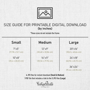 Puede incluir: Gu&iacute;a de tama&ntilde;os de descarga digital imprimible para obras de arte. La gu&iacute;a muestra diferentes tama&ntilde;os en pulgadas y cent&iacute;metros, incluyendo peque&ntilde;o, mediano y grande. La gu&iacute;a tambi&eacute;n menciona que se incluyen 4 archivos JPG para descarga instant&aacute;nea para tama&ntilde;os peque&ntilde;os y medianos, y 1 archivo PDF se incluye para tama&ntilde;os grandes, que incluye un enlace a los 3 archivos JPG.