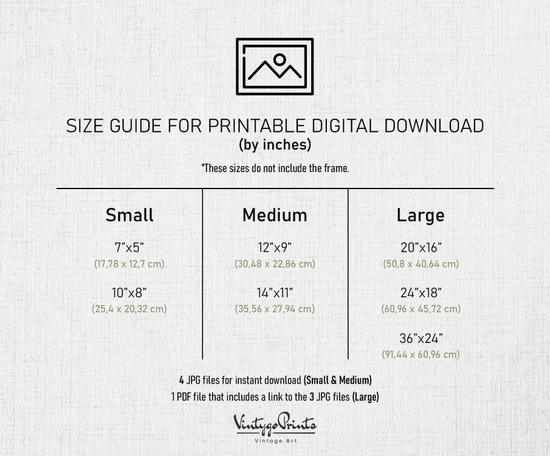 Puede incluir: Gu&iacute;a de tama&ntilde;os de descarga digital imprimible para obras de arte. La gu&iacute;a muestra diferentes tama&ntilde;os en pulgadas y cent&iacute;metros, incluyendo peque&ntilde;o, mediano y grande. La gu&iacute;a tambi&eacute;n menciona que se incluyen 4 archivos JPG para descarga instant&aacute;nea para tama&ntilde;os peque&ntilde;os y medianos, y 1 archivo PDF se incluye para tama&ntilde;os grandes, que incluye un enlace a los 3 archivos JPG.