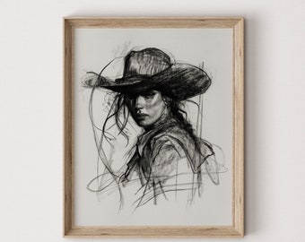 Op de afbeelding: Zwart-witte houtskooltekening van een vrouw met een cowboyhoed. De vrouw kijkt naar de zijkant en haar haar waait in de wind. De tekening is gemaakt in een losse, expressieve stijl.
