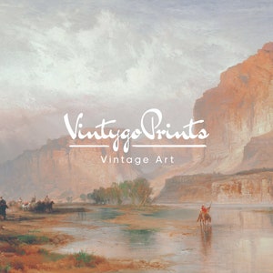May include: A vintage art print of a landscape with a river flowing through a canyon. The sky is cloudy and the mountains are brown and rocky. The text "Vintage Prints" and "Vintage Art" is visible in the image.