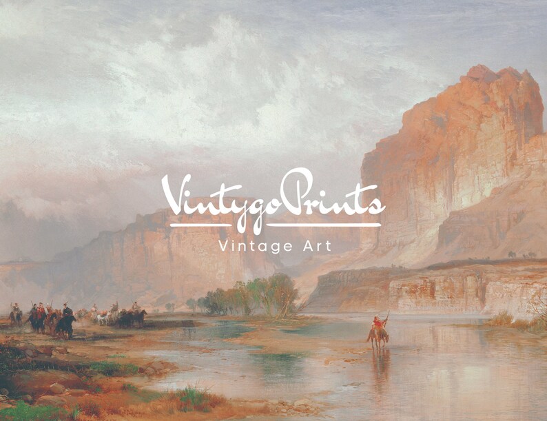 May include: A vintage art print of a landscape with a river flowing through a canyon. The sky is cloudy and the mountains are brown and rocky. The text "Vintage Prints" and "Vintage Art" is visible in the image.
