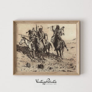 May include: A vintage black and white illustration of four Native American men on horseback. The men are wearing traditional clothing and headdresses. The horses are running through a grassy field.