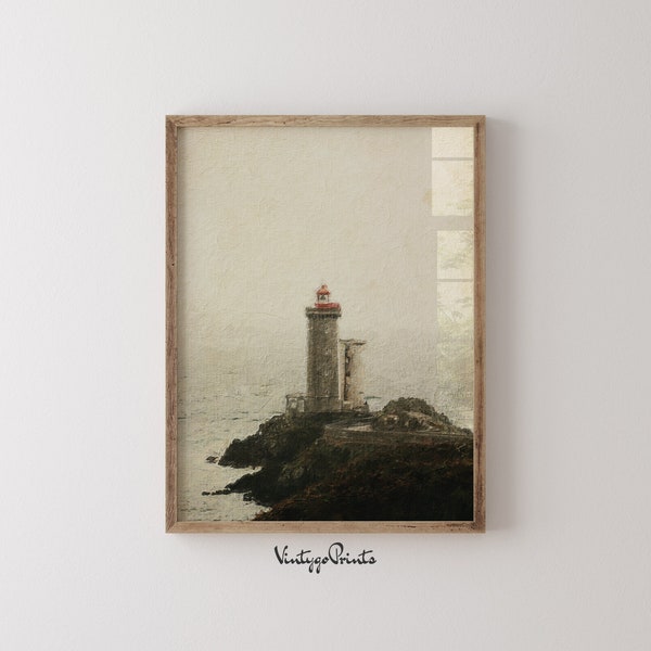 Lighthouse on the Shore | Neutral Oil Painting | Moody Seascape | Vintage Coastal Wall Art | PRINTABLE Digital Download | 014