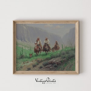 Western Cowboy Vintage Art | Rustic Horse Rider Oil Painting | Southwest Decor | Countryside Landscape | PRINTABLE Digital Download | 323