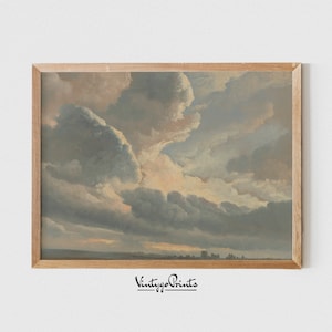 May include: A vintage painting of a cloudy sky with a hint of orange in the distance. The clouds are a mix of gray and white, and they are arranged in a dramatic pattern across the sky.