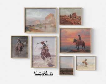 Vintage Southwest Cowboy Oil Painting Set: Mid-Century Western Art (Digital Download) S7-1