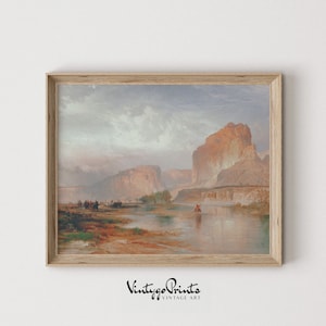 May include: A vintage painting depicting a landscape with a river flowing through a valley. The river is surrounded by rocky cliffs and mountains. There are people on horseback riding through the river. The sky is cloudy and the overall color scheme is muted.