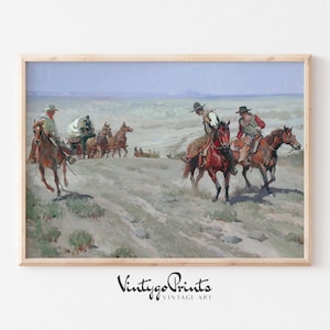 Western Cowboy Gang Oil Painting | Southwest Horse Cart Wall Art | Mid Century Printings | PRINTABLE Digital Download | 437