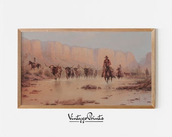 May include: A vintage painting depicting a group of cowboys on horseback herding a herd of cattle through a shallow river. The cowboys are wearing traditional western attire and the cattle are brown and white. The painting is set against a backdrop of a rocky canyon.