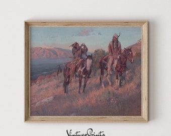 Western Native Americans Oil Painting | Western Countryside Wall Art | Rustic Horse Riders Print | PRINTABLE Digital Download | 336