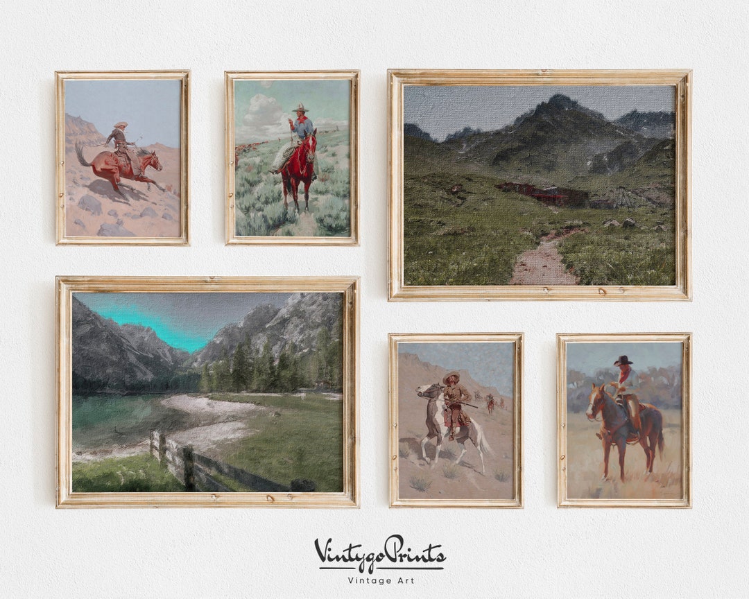 Western Cowboys Gallery Set | Vintage Oil Painting Wall Art Set of Six ...