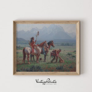 May include: A vintage painting depicting three Native American figures on horseback in a mountainous landscape. The figures are dressed in traditional clothing and are riding horses with feathered headdresses. The painting is set against a backdrop of snow-capped mountains and a blue sky.