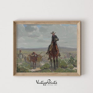 May include: A vintage painting depicting a cowboy on horseback leading a herd of cattle across a grassy plain. The sky is cloudy and the sun is shining. The cowboy is wearing a hat and a long coat. The cattle are brown and white.