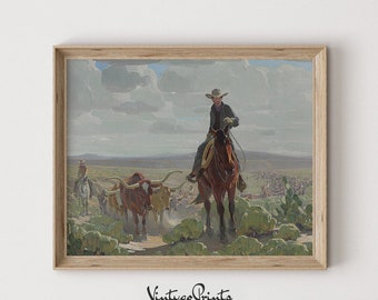 Western Cowboy Painting: Rustic Horse Riders Wall Art (Digital Download)