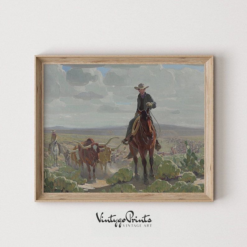 May include: A vintage painting depicting a cowboy on horseback leading a herd of cattle across a grassy plain. The sky is cloudy and the sun is shining. The cowboy is wearing a hat and a long coat. The cattle are brown and white.