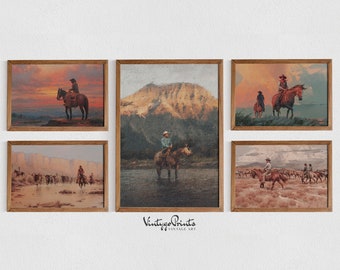 Vintage Cowboy olieverfschilderij galerijset | Klaagmuurkunst | Decor uit het midden van de eeuw | Rustiek zuidwestendecor | AFDRUKBARE digitale download | S5-9