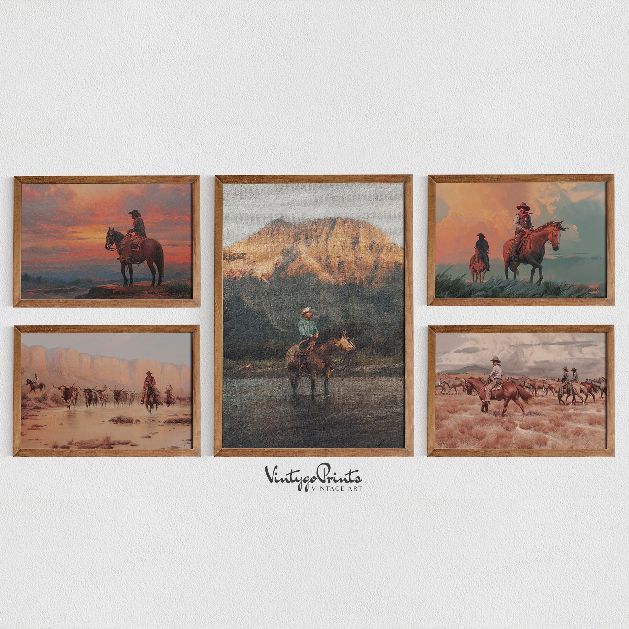 Vintage Cowboy Oil Painting Set: Rustic Western Art (Digital Download) S5-9